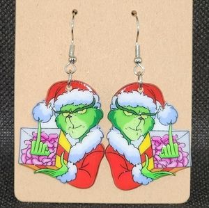 The Grinch Flipping You Off Dangle Earrings. Acrylic With Alloy Hook, Christmas